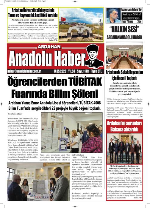 ARDAHAN’I HER GÜN YAZAN ANADOLU E-HABER GAZETESİ 17 MAYIS 2025
