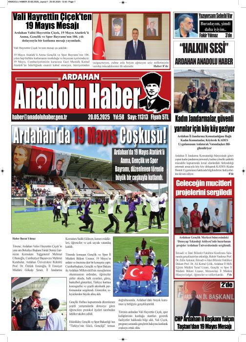 ARDAHAN’I HER GÜN YAZAN ANADOLU E-HABER GAZETESİ 20 MAYIS 2025