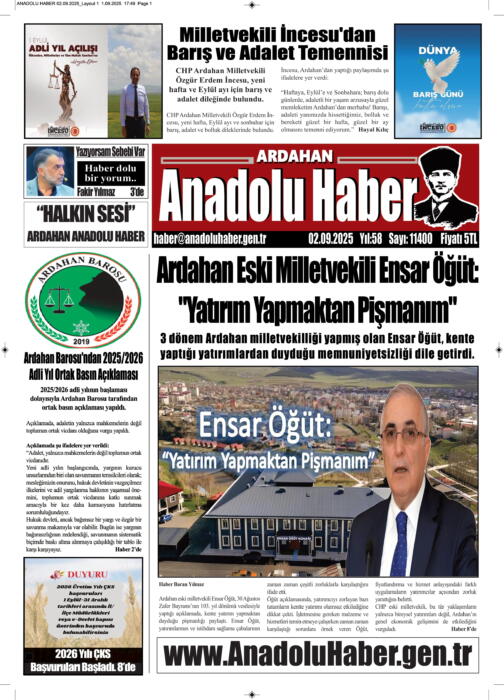ARDAHAN’I HER GÜN YAZAN ANADOLU E-HABER GAZETESİ 02 EYLÜL 2025