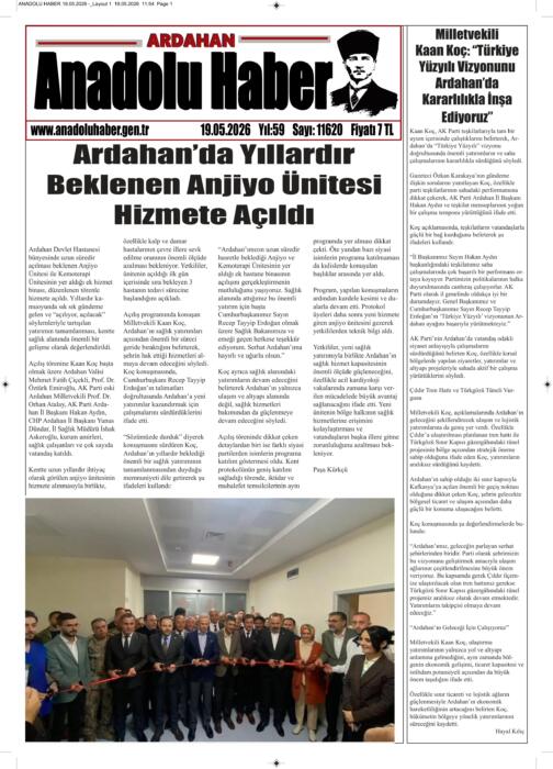 ARDAHAN’I HER GÜN YAZAN ANADOLU E-HABER GAZETESİ 19 MAYIS 2026