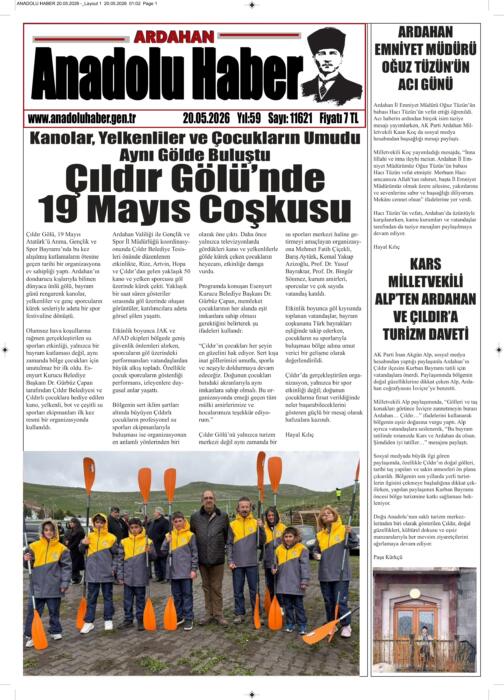 ARDAHAN’I HER GÜN YAZAN ANADOLU E-HABER GAZETESİ 20 MAYIS 2026