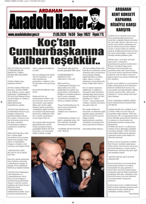 ARDAHAN’I HER GÜN YAZAN ANADOLU E-HABER GAZETESİ 21 MAYIS 2026