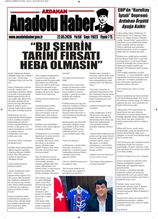 ARDAHAN’I HER GÜN YAZAN ANADOLU E-HABER GAZETESİ 22 MAYIS 2026